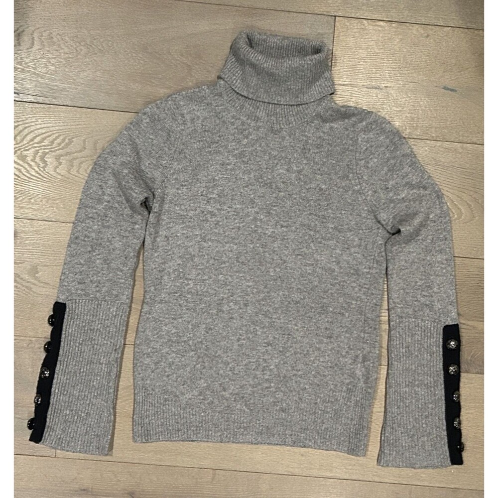 Ramy Brook Ribbed Turtleneck Sweater XS Gray Button Cuff Detail